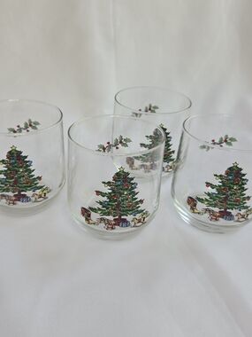 Set of 4 Vintage Luminarc Noel Clear Glass Tumblers Christmas Tree Glasses 90s